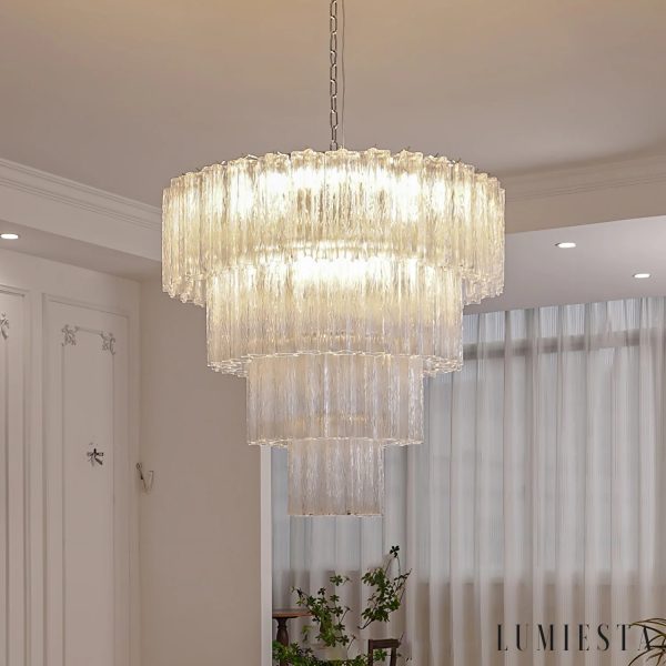 Aurora - lampa wisząca ze szkła i niklu, detal metalowej obręczy i kloszy