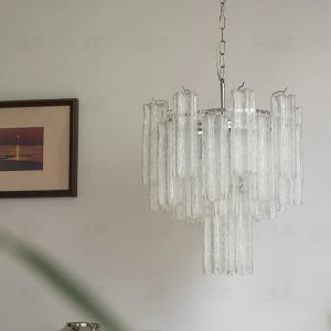 Aurora - nowoczesny żyrandol do salonu, szklane elementy i smukłe zawieszenie