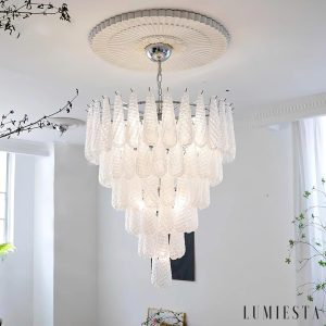 Bellagio - chromowana lampa wisząca z białym szkłem, widok z boku