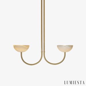 Lampa wisząca alabastrowa złota Braganca do salonu, widok z przodu, Ø32/45 cm