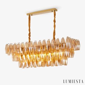 Lampa wisząca złota z bursztynowym szkłem Cometa nad stół, widok z przodu