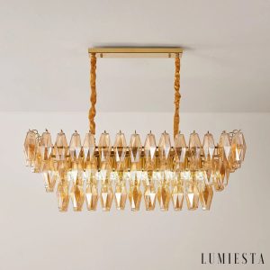 Złota lampa wisząca Cometa z bursztynowym szkłem, ujęcie z detalem zawieszenia