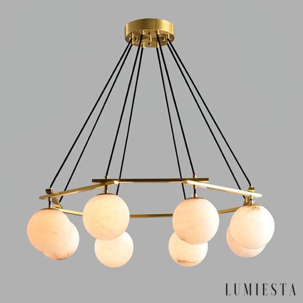 Elvas - lampa wisząca glamour z alabastrowymi kloszami i mosiężną konstrukcją