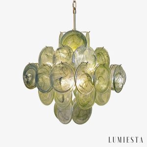 Lampa wisząca nikiel zielone szkło Fascino - widok z przodu do salonu