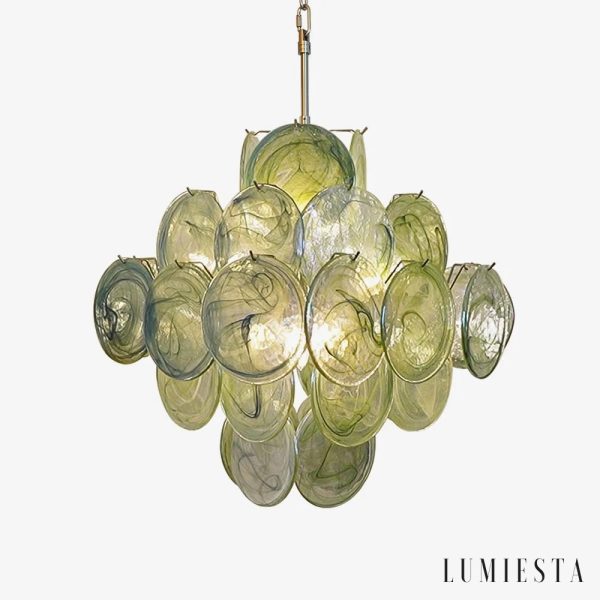 Lampa wisząca nikiel zielone szkło Fascino - widok z przodu do salonu