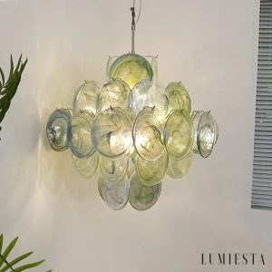 Lampa wisząca Fascino - pełny widok z zielonym szkłem i niklowanym wykończeniem