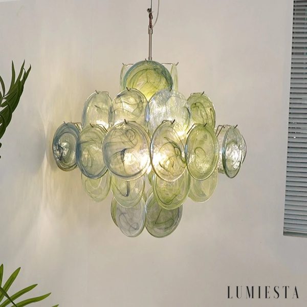 Lampa wisząca Fascino - pełny widok z zielonym szkłem i niklowanym wykończeniem