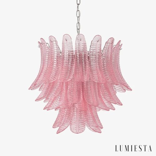 Lampa wisząca metalowa różowa Fiore - widok z przodu, niklowana obręcz i szklane elementy