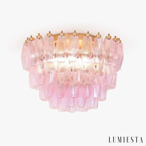 Lampa sufitowa glamour złota z różowym szkłem Fiume - widok z przodu