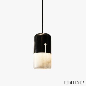 Funchal — lampa wisząca alabaster czarno-biała minimalistyczna Ø15 x H30 cm na białym tle