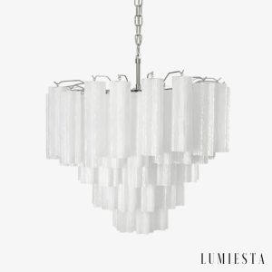 Lampa wisząca nikiel i mrożone szkło Garda do salonu, widok od przodu