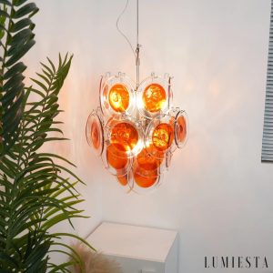 Ghiaccio - pomarańczowe szklane elementy lampy wiszącej przy niklowanej obręczy