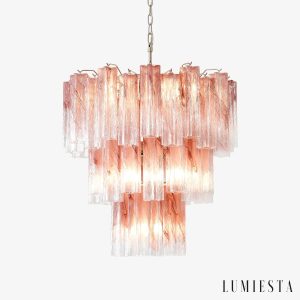 Lampa wisząca nikiel z różowym szkłem Giglio do salonu, widok z przodu