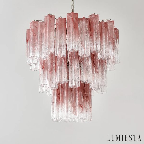 Lampa wisząca Giglio w nikielu, różowe szkło i nowoczesna forma w salonie