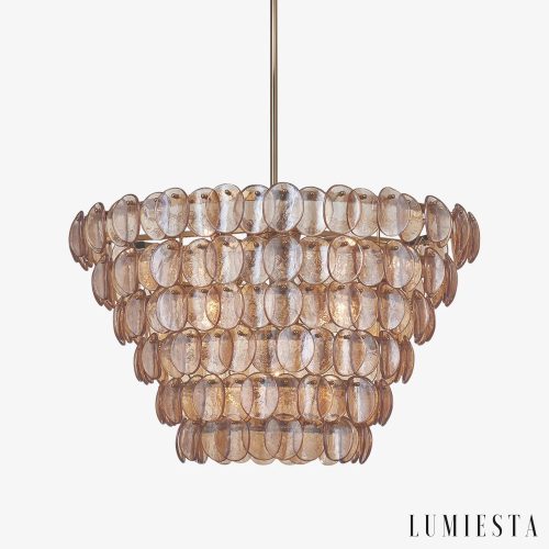 Lampa wisząca metalowo-szklana złoto-bursztynowa Infinito do salonu, widok z przodu