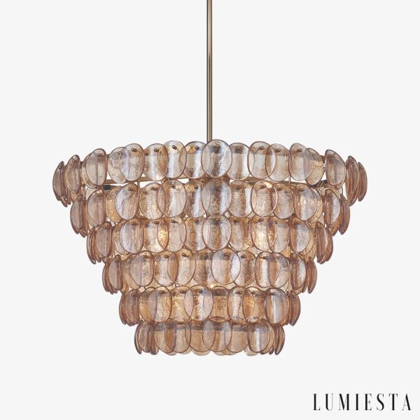 Lampa wisząca metalowo-szklana złoto-bursztynowa Infinito do salonu, widok z przodu