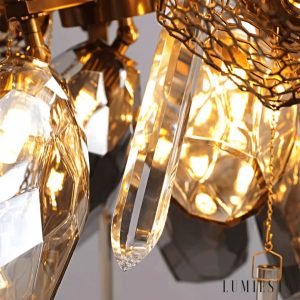 Kolenia - lampa wisząca glamour złota ze szkła bursztynowego, pełna bryła