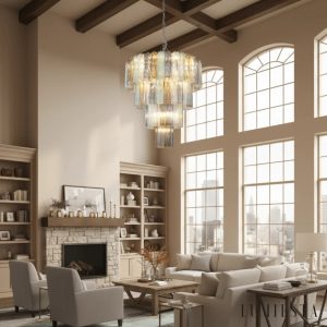 Loggia - lampa wisząca z metalu i szkła, widok od spodu na układ ramion i kloszy