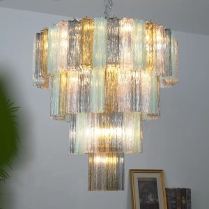 Loggia lampa wisząca szklano metalowa nikiel, dekoracyjny widok na całą bryłę z salonu