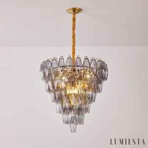 Lusso - złota obręcz i dymnoszare szklane elementy żyrandola