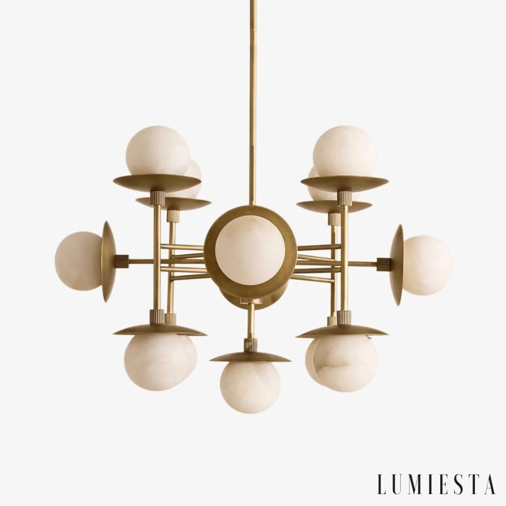 Lampa wisząca alabaster nikiel biała Mafra do salonu, widok od przodu