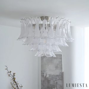 Mercurio - lampa sufitowa metalowa biała niklowana, detal białych ramion i niklowanych łączeń