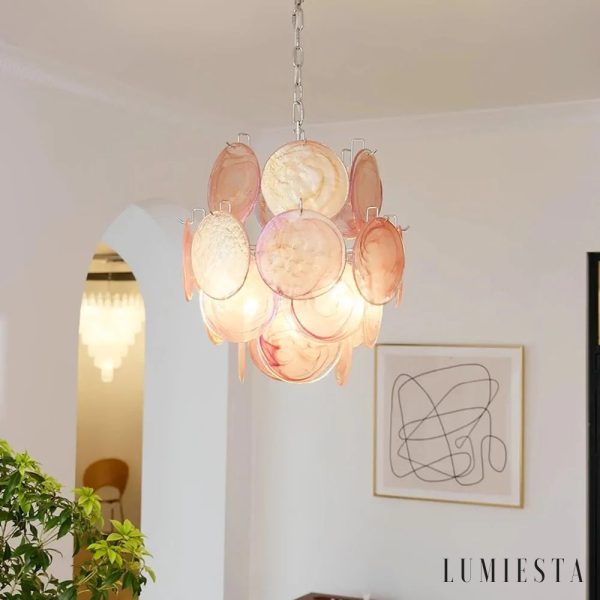 Mimosa - lampa wisząca glamour z niklowaną oprawą i różowym szkłem