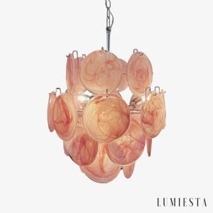 Lampa wisząca nikiel różowe szkło Mimosa, widok z przodu