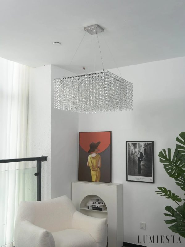 Lampa wisząca Modena w stylu glamour, nikiel i kryształ, widok z dołu