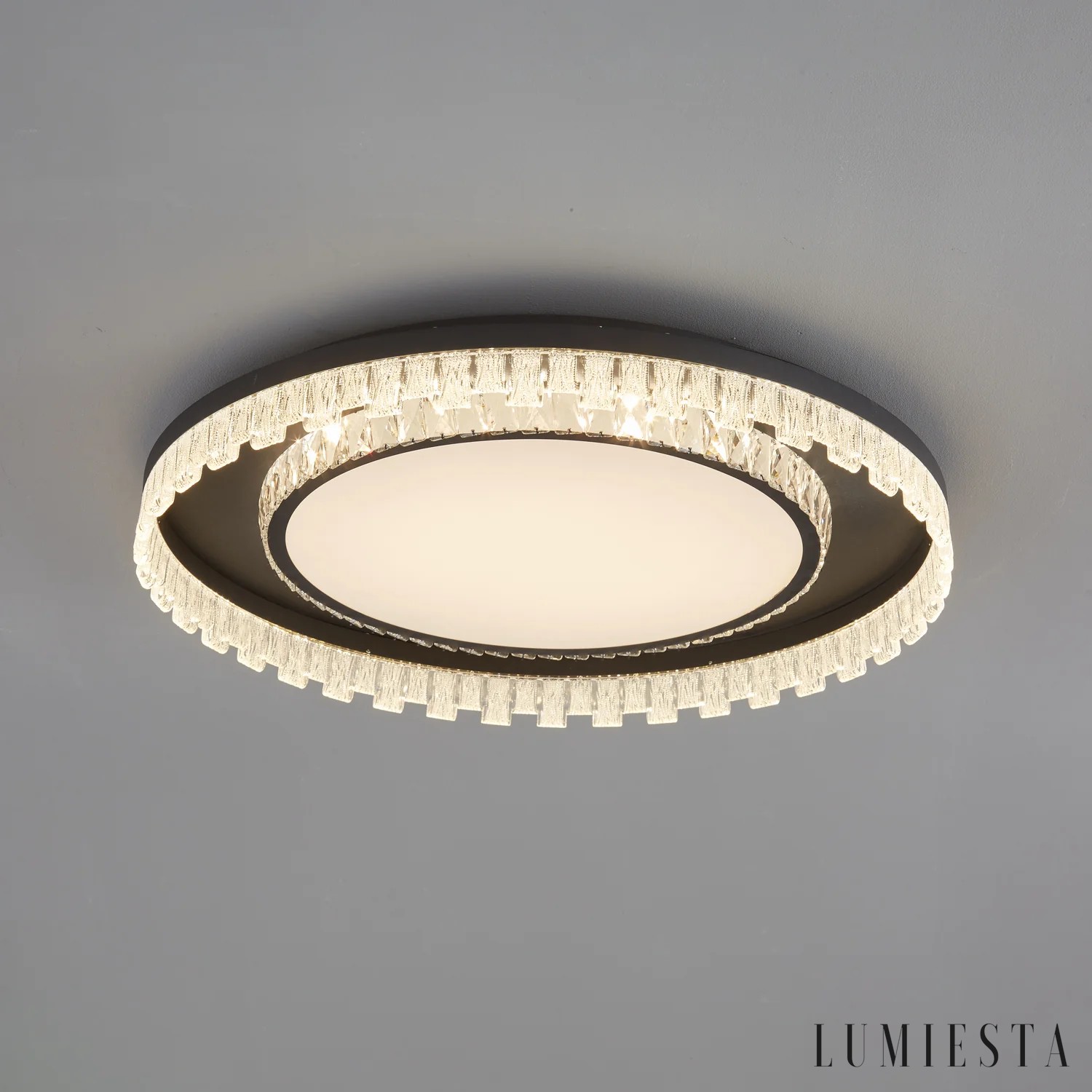 Lumiesta Nobile - Lampa sufitowa kryształowa czarno-biała do salonu, Ø50/60/80, 98x66 cm Rozmiar ∅ 50 cm x Wysokość 11 cm Kolor Czarny i przezroczysty & Biały Barwa światła Ciepła