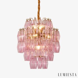 Lampa wisząca złoto-różowa szklana mosiężna Oliva do salonu, widok od przodu