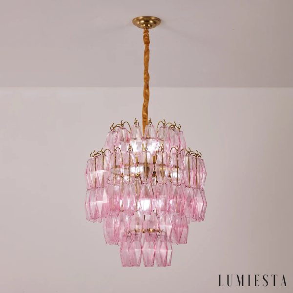 Lampa wisząca Oliva z różowymi szklanymi kloszami i złotym wykończeniem, detal z bliska