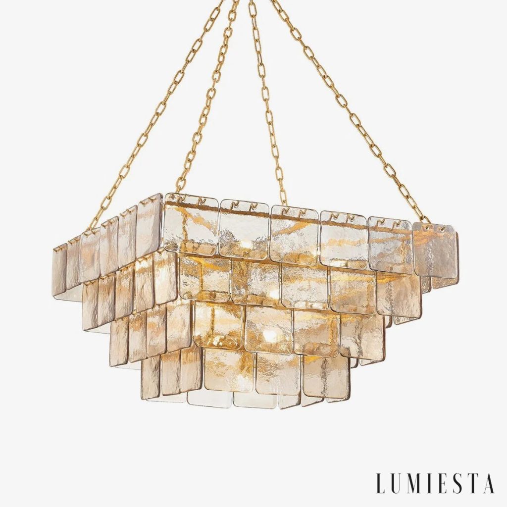 Lampa wisząca złota ze szkłem bursztynowym - Opera Ø91/46 cm, widok całości