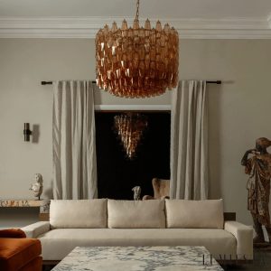 Palermo - żyrandol glamour ze złotą konstrukcją i bursztynowym szkłem, detal