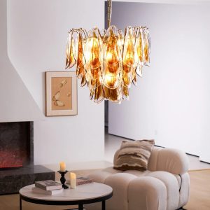 Lampa wisząca Passione glamour, metalowe wykończenie i bursztynowe szkło