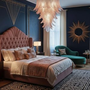 Piano, lampa wisząca glamour z różowego szkła, widok z lekkiego dołu