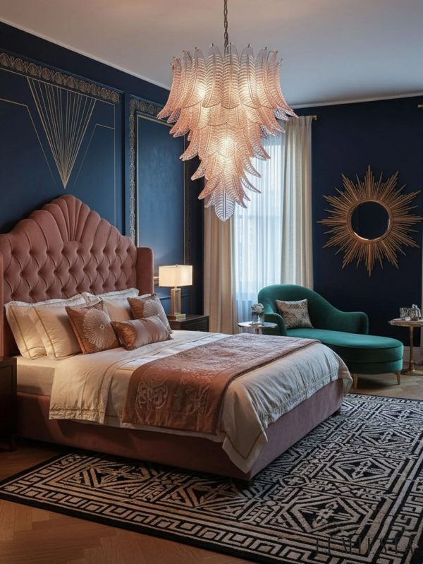 Piano, lampa wisząca glamour z różowego szkła, widok z lekkiego dołu