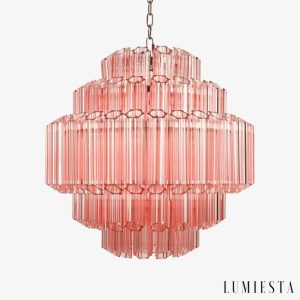 Lampa wisząca różowo-chromowana ze szkła i metalu Pino do salonu, widok od przodu