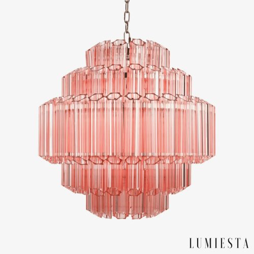 Lampa wisząca różowo-chromowana ze szkła i metalu Pino do salonu, widok od przodu