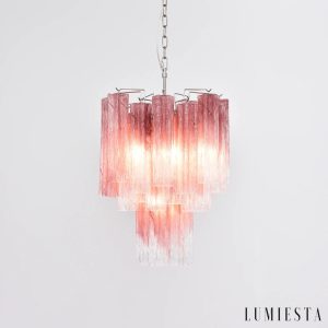 Poesia - lampa wisząca z różowego szkła i niklu, widok z przodu