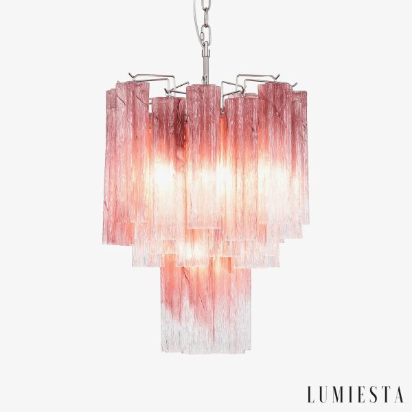 Lampa wisząca różowe szkło glamour Poesia - widok całości z niklową oprawą
