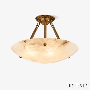 Lampa wisząca alabastrowa mosiężna Pini do salonu, widok od przodu