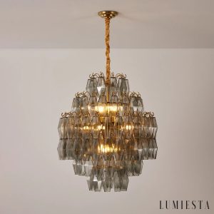 Prestigio - złota lampa wisząca glamour z dymnymi szklanymi kloszami