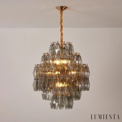 Prestigio - złota lampa wisząca glamour z dymnymi szklanymi kloszami