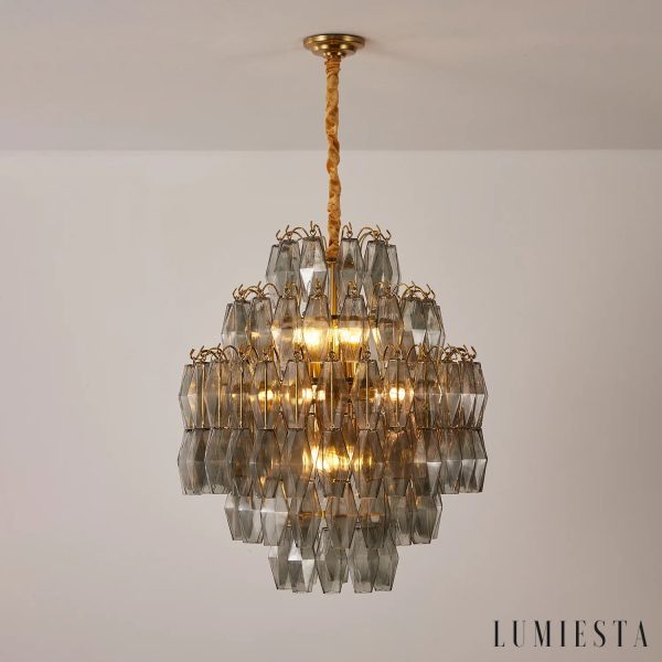 Prestigio - złota lampa wisząca glamour z dymnymi szklanymi kloszami