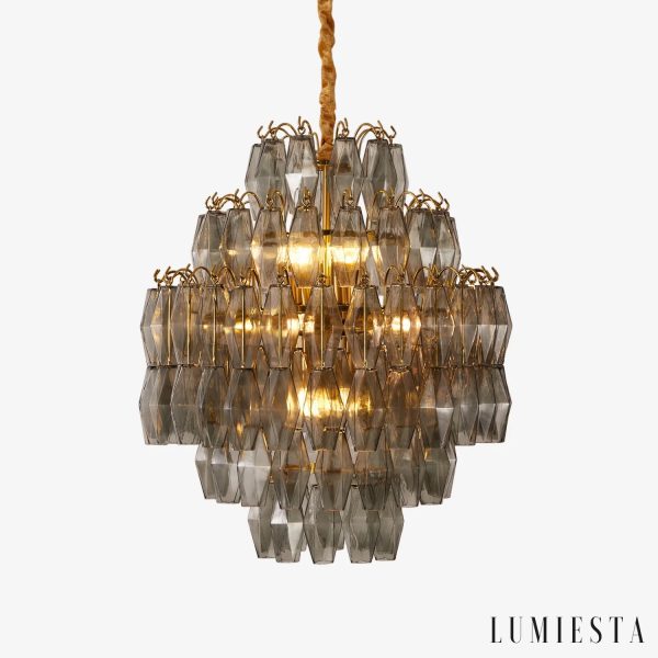 Lampa wisząca złota ze szkła dymnego Prestigio do salonu, widok od frontu