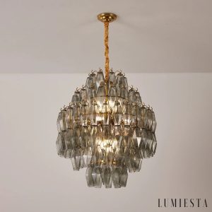 Prestigio - lampa wisząca glamour z dymnym szkłem i złotym wykończeniem