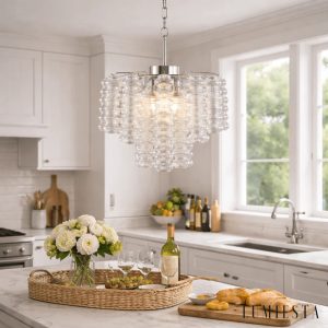 Ritmo - lampa wisząca z metalową obręczą i szklanymi elementami, widok z boku