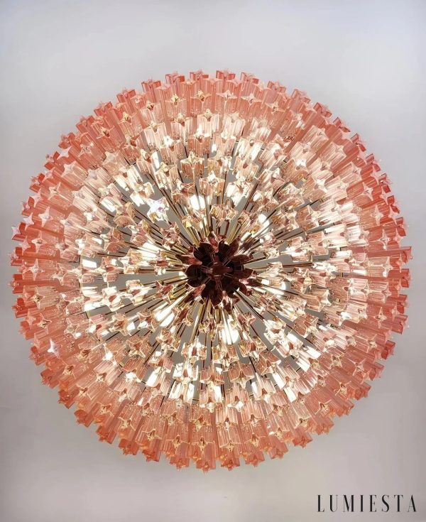 Lampa wisząca Sasso z różowego szkła i metalu w kolorze niklu, detal górnej części
