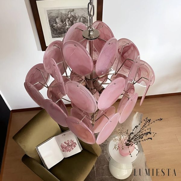 Lampa wisząca Seta z różowego szkła i chromu, pełna sylwetka